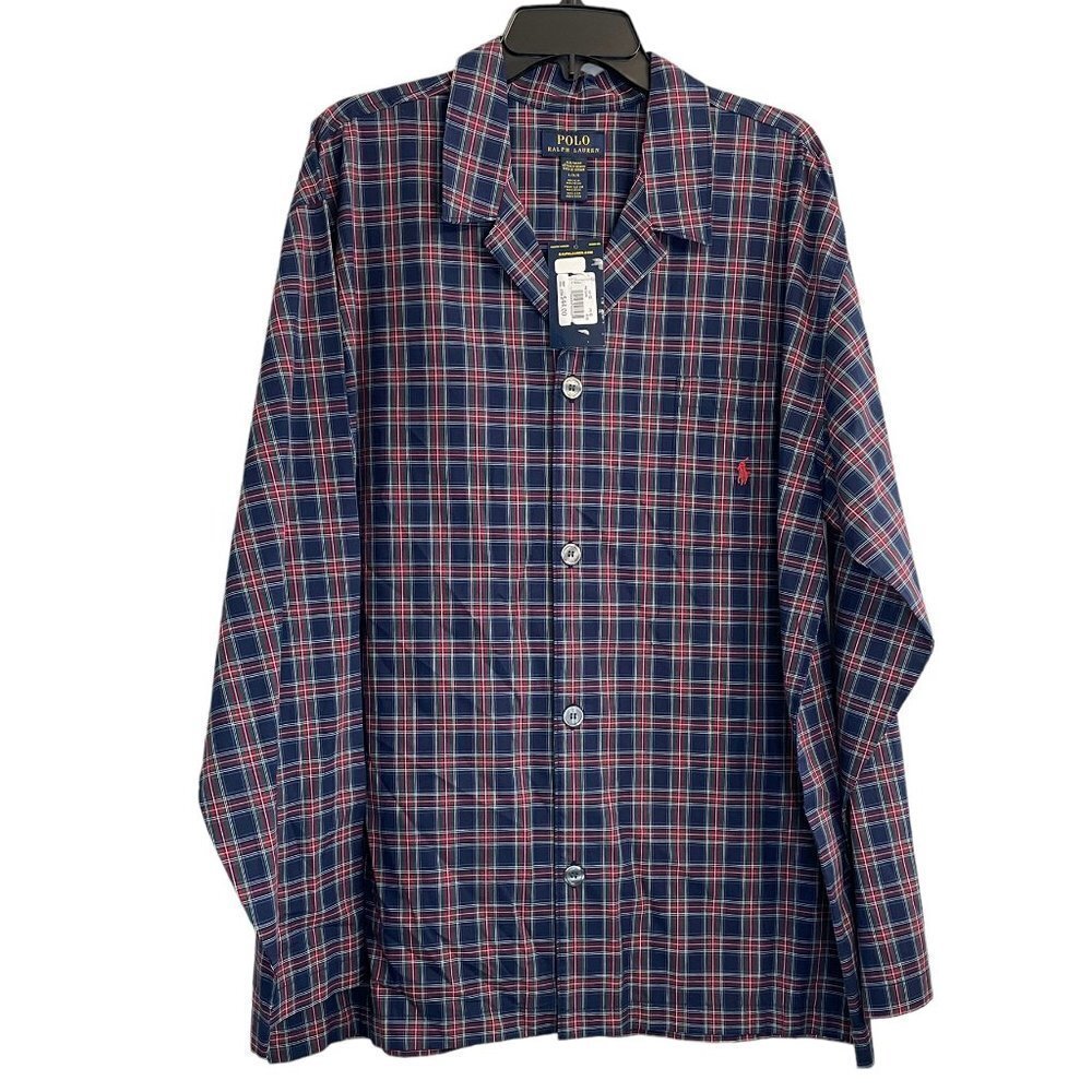 Ralph Lauren Classic Plaid Sleepwear Pajama Top Shirt Button Up Navy Large NWT